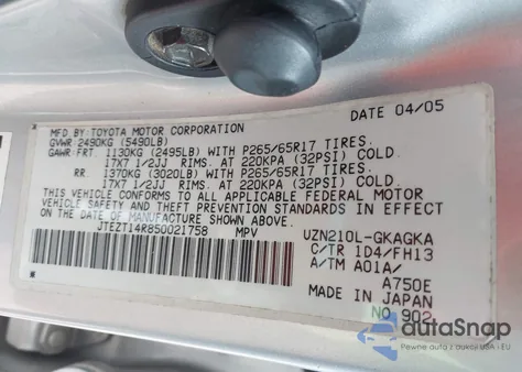 2005 Toyota 4Runner Sr5 Sport V8 из США, поврежденный, VIN JTEZT14R850021758